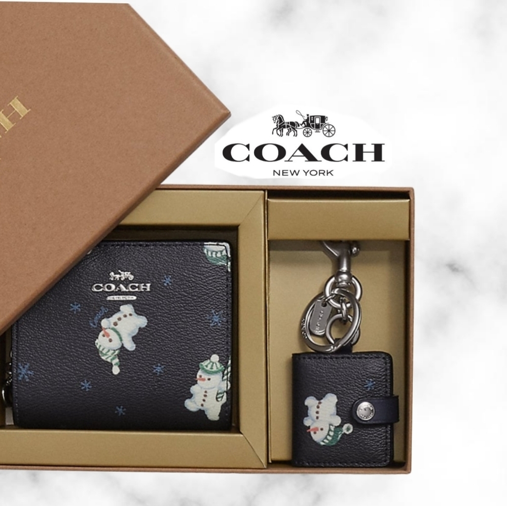 Coach Boxed Snap Wallet and Picture Frame Bag Charm with Snowman Print